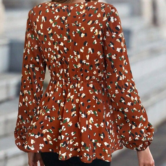 Brown Casual Women's Allover Print Lantern Sleeve Belted Peplum Blouse - Picture 2 of 6